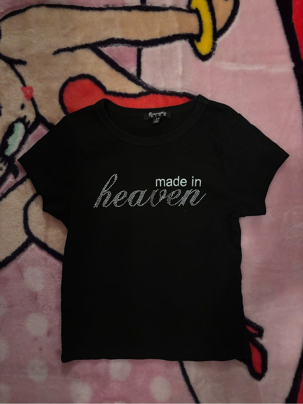 Made in Heaven Black Crop Tee with Rhinestone Script